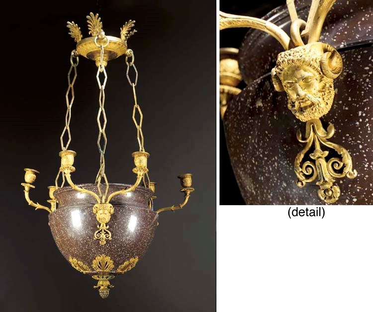 A Swedish ormolu and simulated porphyry ceramic six-light chandelier