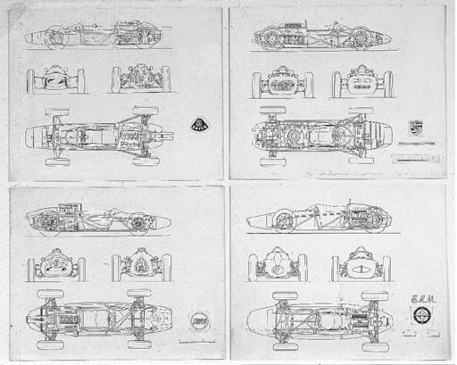 Lotus/BRM/Cooper/Porsche; four illustrations of racing car profiles; commonly mounted on board, having additional paste-up datails for final artwork printing; unsigned. 21x31ins (56x82cm) overall.