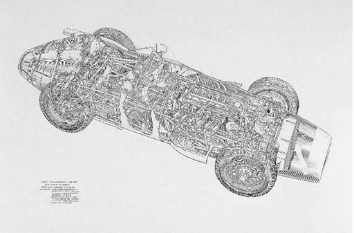 Maserati 250F 2.5-litre 1957 Grand Prix Formula 1; Fangio's car chassis no. 2529; full car paste up final artwork, white highlights, titled and captioned with victory results for 1957; signed and dated 1992. 21x31ins (56x82cm)