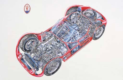 Maserati T61 'Birdcage' sports-racing 2 seater; full-colour with badge to left-hand corner; supremely detailed; signed and dated 1992. 21x24ins (54x61cm)