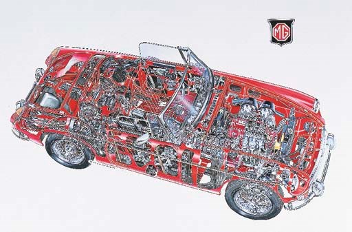 MGB Roadster 1969 - 2 seater sports; full-colour cutaway, signed and dated 1991; mounted framed and glazed. 21x31ins (56x82cm)