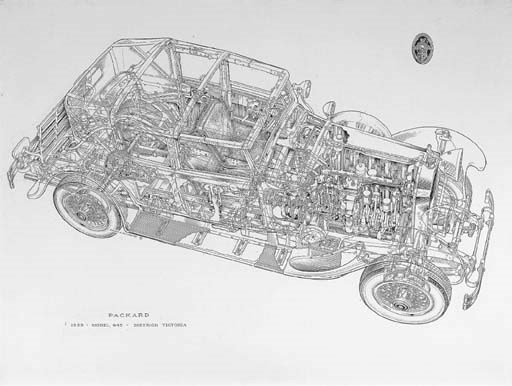 Packard '645' 1929 - Dietrich Victoria coupe coachwork style; title captioned in ink; signed, undated. 30x40ins (76x102cm).