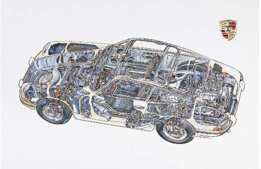 Porsche 911; complete cutaway, full-colour; signed and dated 1994. 21x31ins (56x82cm)