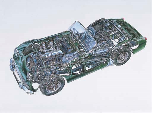 Triumph TR3 2 seater sports; full-colour cutaway; mounted on presentation backing-board; signed and dated 1985. 21x31ins (56x82cm)