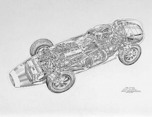 Vanwall 2.5-litre 1958 Grand Prix; chassis no. VW5 Tony Brooks' Spa-winning car; titled, captioned detailing race success; signed and dated 1993. 21x31ins (56x82cm)