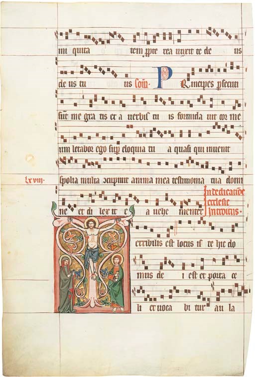 THE CRUCIFIXION, in an initial T on the verso of a leaf from a Gradual in Latin, ILLUMINATED MANUSCRIPT ON VELLUM
