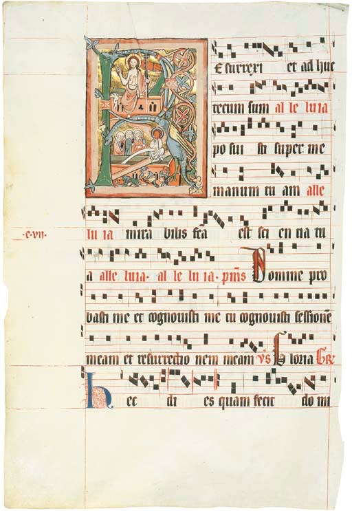 THE RESURRECTION AND THE THREE MARIES AT THE TOMB, in an initial R on the verso of a leaf from a Gradual, in Latin, ILLUMINATED MANUSCRIPT ON VELLUM