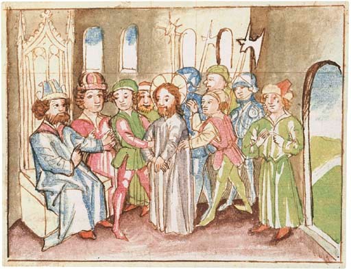 CHRIST BEFORE THE HIGH PRIEST ANNAS, miniature in pen and wash on a recto cut from a Lectionary, in German, DECORATED MANUSCRIPT ON PAPER