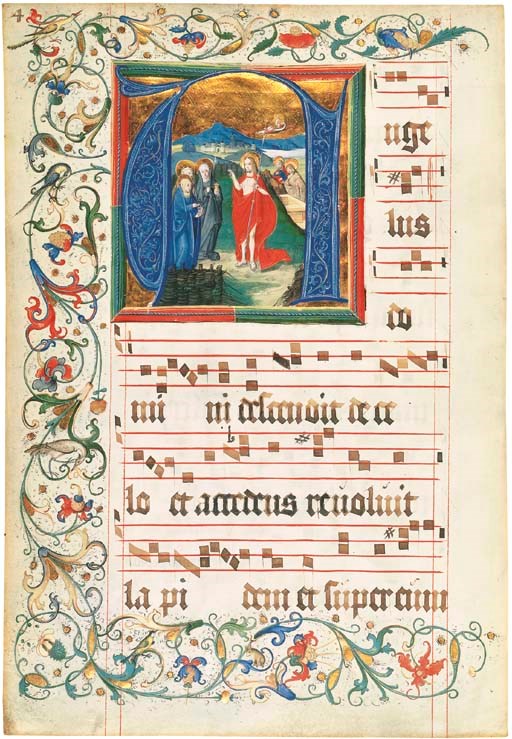 CHRIST APPEARING TO THE THREE MARIES, in an initial A on the verso of a leaf from an Antiphonal, in Latin, ILLUMINATED MANUSCRIPT ON VELLUM