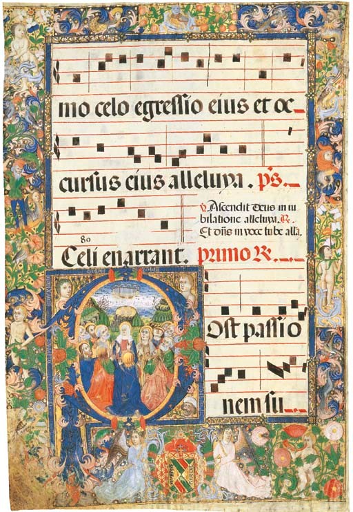 ASCENSION, in an initial P on the verso of a leaf from an Antiphonal, ILLUMINATED MANUSCRIPT ON VELLUM