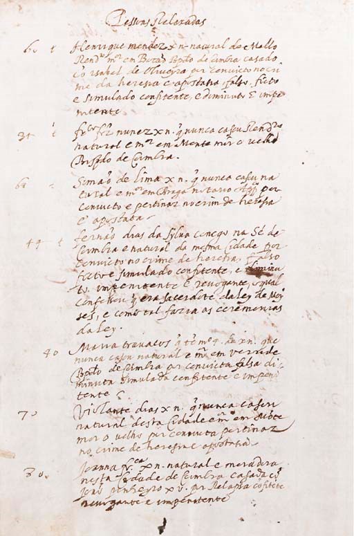[JUDAICA]. [INQUISITION]. Rellaça das pessoas que sairao penitenciadas no Auto da Fé que se celebrou na praça da cidade de Coimbra Domingo vinte e seis de Dezembro de [1]623.