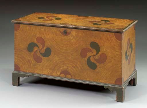A PAINTED AND DECORATED BLANKET CHEST