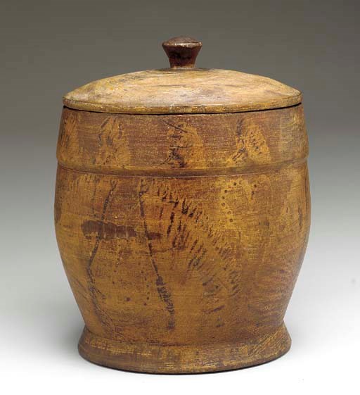 A LARGE PAINT-DECORATED WOODEN LIDDED URN