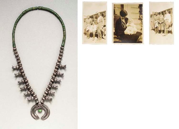 A NAVAJO SILVER AND TURQUOISE SQUASH BLOSSOM NECKLACE