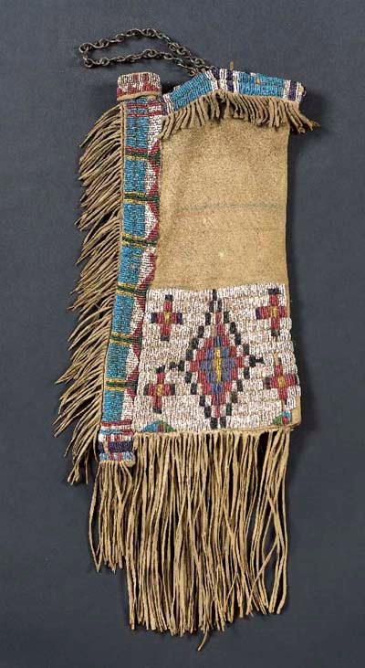 A UTE BEADED HIDE TOBACCO BAG