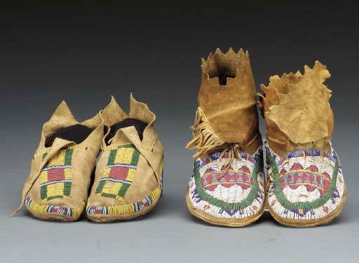 TWO PAIRS OF PLAINS BEADED HIDE MOCCASINS