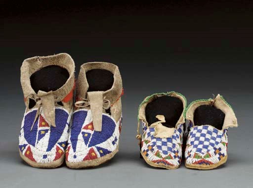 THREE PAIRS OF PLAINS BEADED HIDE MOCCASINS