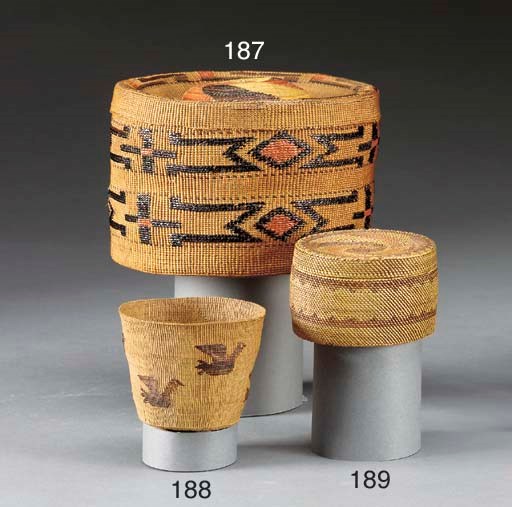 A TLINGIT POLYCHROME TWINED RATTLE TOP BASKET