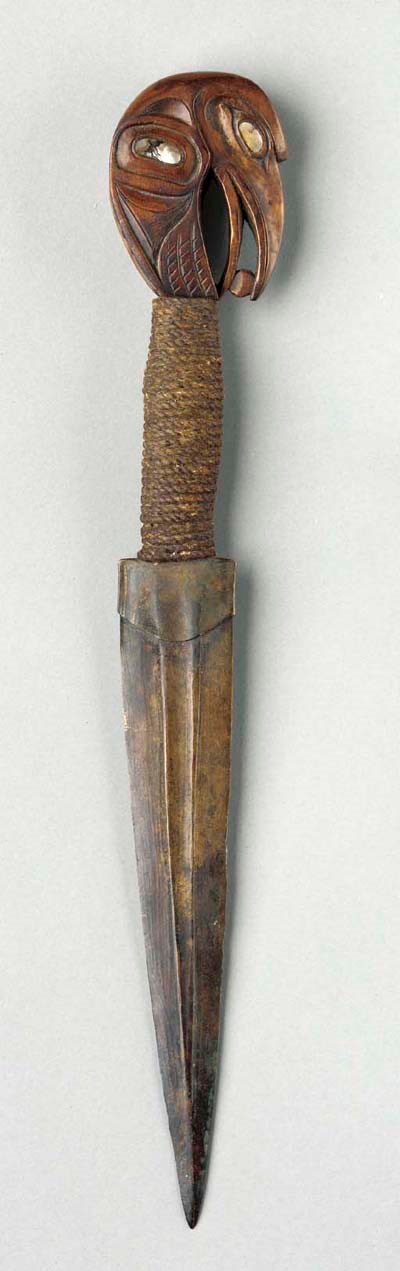 A NORTHWEST COAST COPPER AND WOOD DAGGER