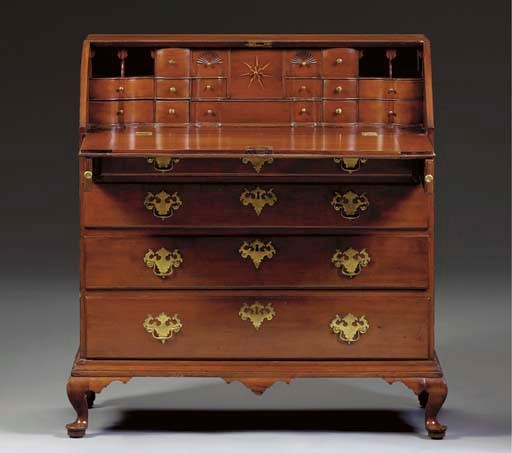 A QUEEN ANNE CARVED AND INLAID CHERRYWOOD DESK