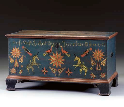 A PAINT DECORATED LIFT-TOP CHEST