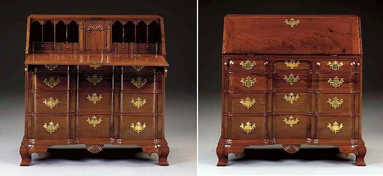 A CHIPPENDALE MAHOGANY BLOCK-FRONT SLANT-FRONT DESK