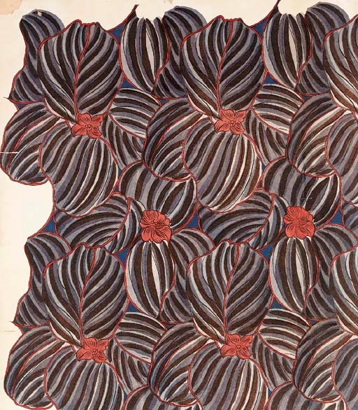 Five designs for tie silks and one for a tie; and a collection of textiles designs, both abstract and floral, blue roses, grey waterlilies, some in oil, some stamped JEAN MARION - 1960-62(a lot)See Illustration