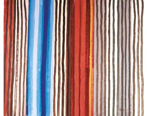 A collection of striped wallpaper designs by Peter Todd Mitchell in shades of brown and blue, unsigned, bodycolour on paper