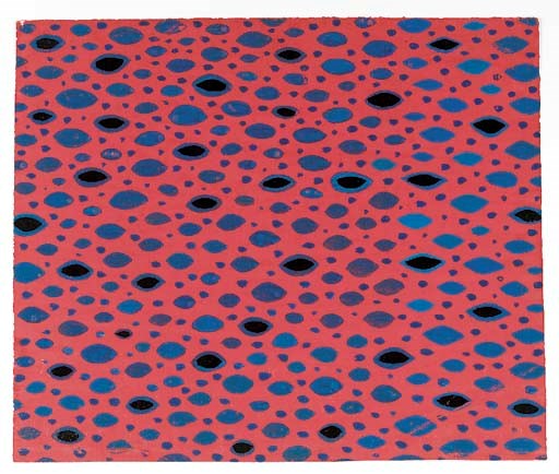 A collection of five designs by Peter Todd Mitchell including blue drops on a red ground, unsigned, bodycolour on paper - 13 x 11in (33 x 28cm)