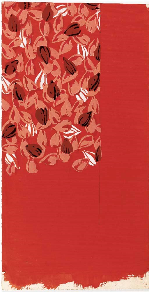 A collection of foliate designs by Peter Todd Mitchell, bodycolour on paper, including stylised buds in shades of orange - 15 x 8in (38 x 20cm), a grid design with variant colourways, and falling leaves in blue and red against a blue background, all unsigned