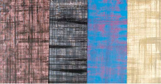 Stylized blue grid on pink ground, an abstract design by Peter Todd Mitchell, unsigned, possibly for wallpaper, bodycolour on paper - 15 x 11in. (39 x 27cm); and three variant colourways