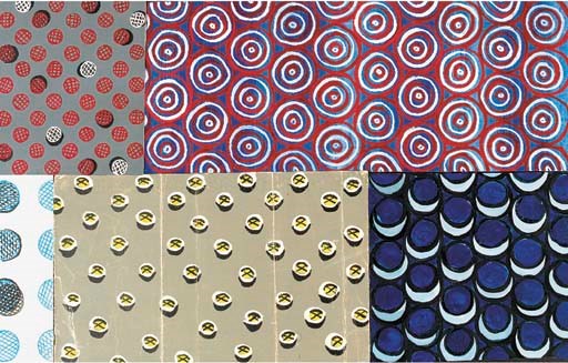 Five designs of circular patterns by Peter Todd Mitchell, unsigned, all bodycolour on paper, including one of red and white concentric circles on blue ground mounted on board - 17 x 10in. (43 x 26cm), and a design for a copper plate printed textile of small green circles outlined in white on pale grey ground with comments in pencil on the back