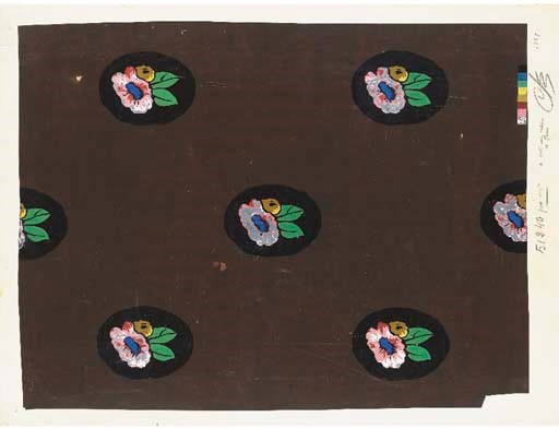 Médaillons de Fleurs sur fond brun, Raoul Dufy, design no.51240, body colour on paper--59 x 46cm., exhibition no.1030