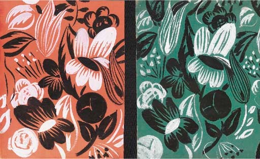 Composition de Fleurs stylisées, Raoul Dufy, design no.570, body colour and pencil on green-ground paper--35 x 27cm., exhibition no. 1034, ; and Composition de Fleurs stylisées, Raoul Dufy, design no. 570*, body colour and pencil on orange-ground paper--35 x 27cm., exhibition no.1035