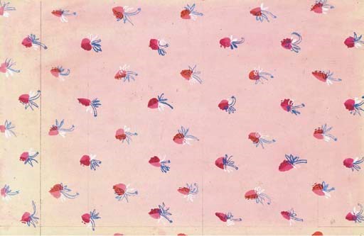 Semis de Fraises sur fond rose, Raoul Dufy, design no.585, watercolour on paper, design for mousseline de soie--45 x 30cm., exhibition no. 1043