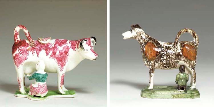 TWO BRITISH PEARLWARE CREAMERS MODELLED AS MILKING GROUPS