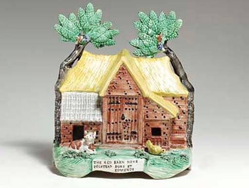 A STAFFORDSHIRE PEARLWARE PASTILLE BURNER AS 'THE RED BARN NEAR POLSTEAD BURY ST EDMUNDS'