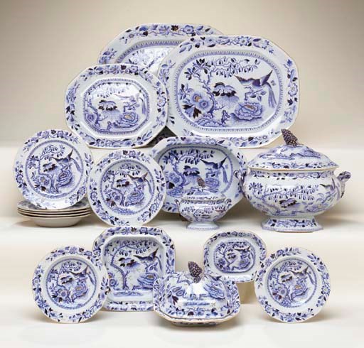 AN ENGLISH (HICKS, MEIGH & JOHNSON) STONE CHINA BLUE AND WHITE CHINOISERIE PART DINNER SERVICE