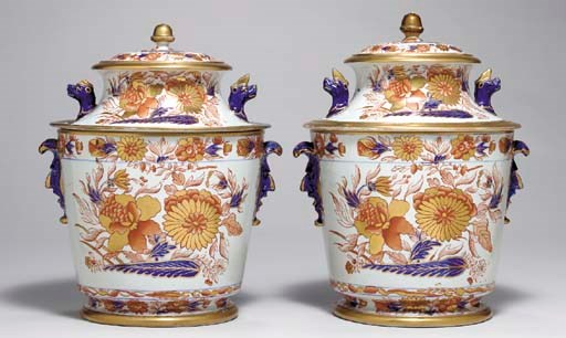 A PAIR OF ENGLISH IRONSTONE ICE PAILS COOLERS, LINERS, COLLARS AND COVERS
