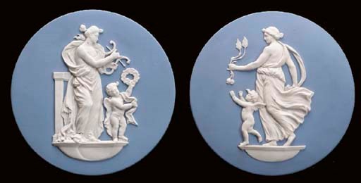 A PAIR OF WEDGWOOD BLUE AND WHITE JASPERWARE MEDALLIONS