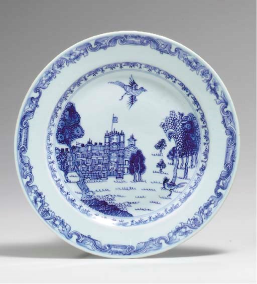 A RARE BLUE AND WHITE BURGHLEY HOUSE PLATE
