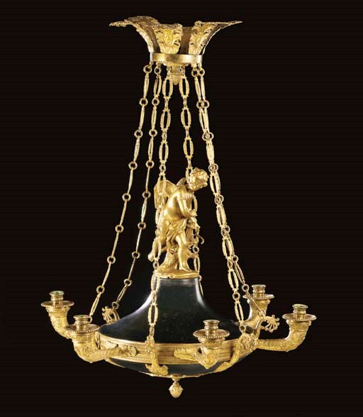 A Continental Neoclassic style ormolu and patinated metal six-light colza lamp,