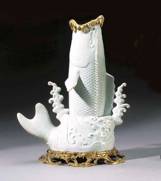 A Louis XV style ormolu-mounted Chinese celadon porcelain model of a leaping fish,