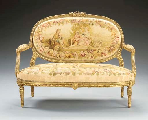 A Louis XVI style giltwood and Aubusson canape,