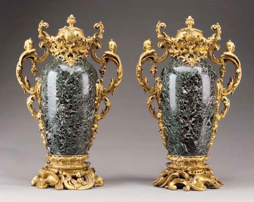 A pair Louis XV style ormolu-mounted Maurin green marble covered urns,