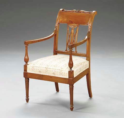 A PAIR OF DIRECTOIRE FRUITWOOD FAUTEUILS,