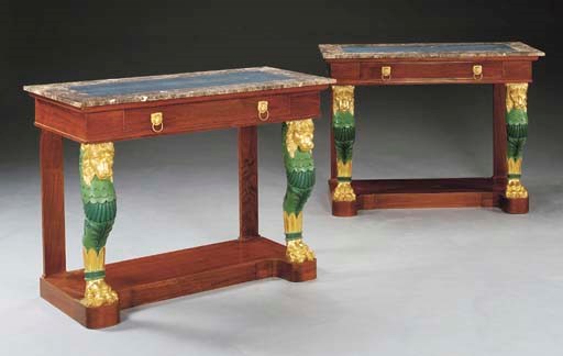 A PAIR OF REGENCY STYLE GREEN-PAINTED AND PARCEL-GILT MAHOGANY SIDE TABLES,