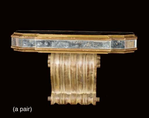 A PAIR OF NEOCLASSIC STYLE PARCEL-GILT AND MIRRORED CONSOLE TABLES,
