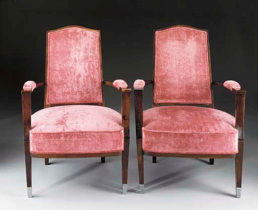 A PAIR OF UPHOLSTERED WALNUT ARMCHAIRS,