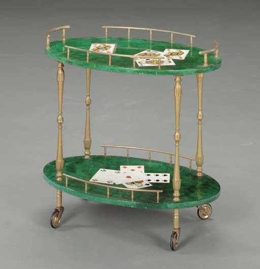A LITHOGRAPHICALLY TRANSFER-PRINTED WOOD AND GILT-METAL ROLLING CART,